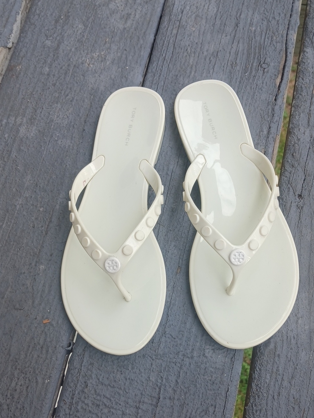 Tory Burch Cream Jelly Stud Flip Sandals